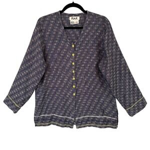 FLAX Linen Button‎ Front Cardigan Top Womens Small Checkered Blue Lightweight